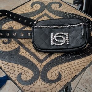 Bebe Black Quilted Belt Bag with Silver Logo